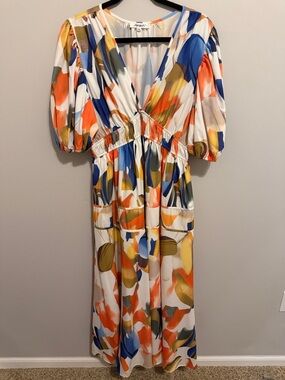 Abstract Print V-Neck Maxi Dress in White, Blue, Orange and Olive